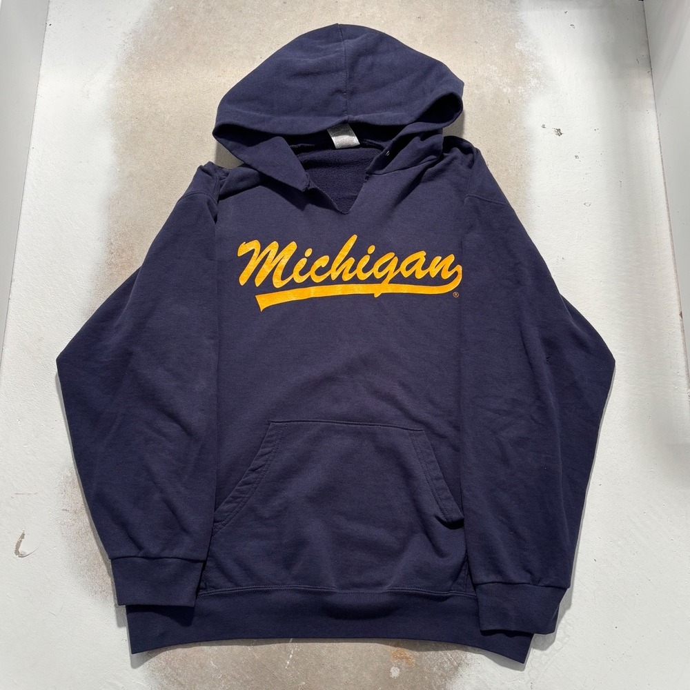 Vintage Fruit of the Loom Michigan Hoodie Navy Blue Mens Large Cut Neck